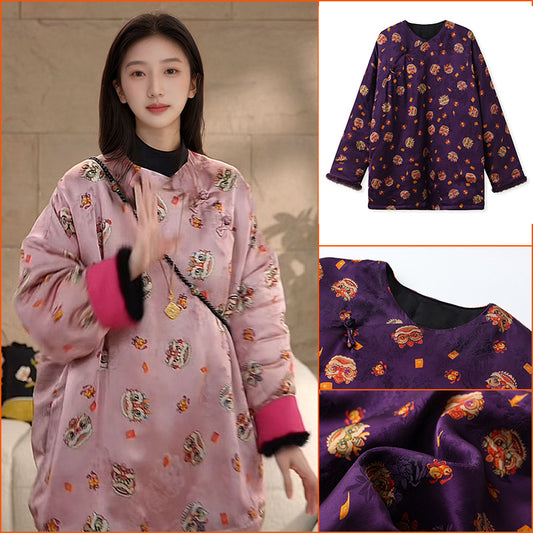 New Chinese style national style autumn and winter loose and comfortable round neck silk design cotton dress jacket women MY014