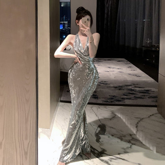 2025 Pure lust hottie backless sexy sequin silver dress Bling premium light luxury evening dress bridal toast dress