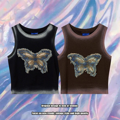 qgtao 2000s fashion Tkpa American Hot Girl Style U-Neck Camisole Women's Summer Butterfly Patch Embroidered Retro Vest