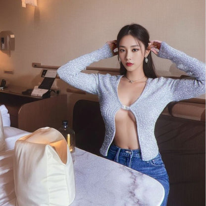 Liu Wen same small short thin bright silk knitted sweater autumn new design niche top K6053