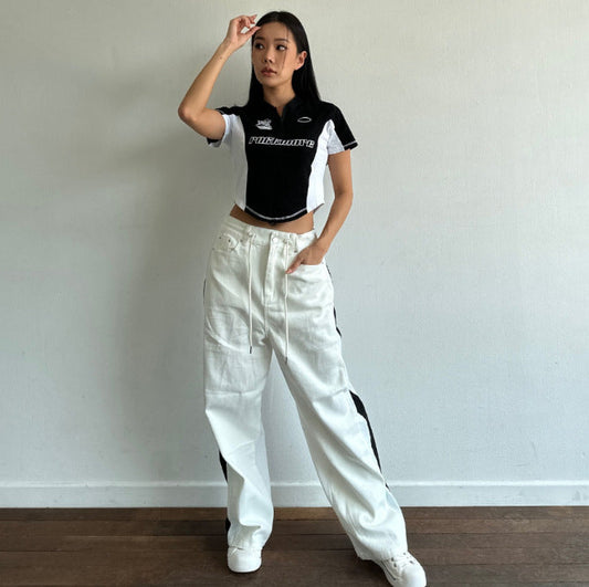 qgtao 2024 fall fashion trends Fall 2024 Korean Style Fashionable Stitching Contrast Color Drawstring Waist Jeans Loose Casual All-Match Straight Pants 2 Colors