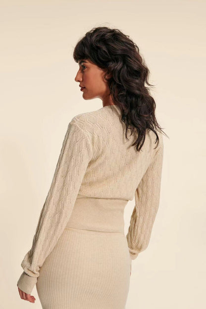 2025 Knitted cardigan women's autumn RO simple style apricot hollow V-neck sheep's hoof sleeve sweater versatile knitted jacket thin