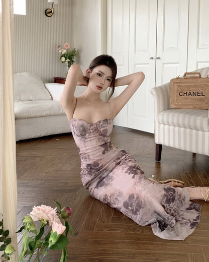 2025 sexy pure desire leopard print mesh suspender dress women's summer retro niche hottie slim hip-wrapped dress