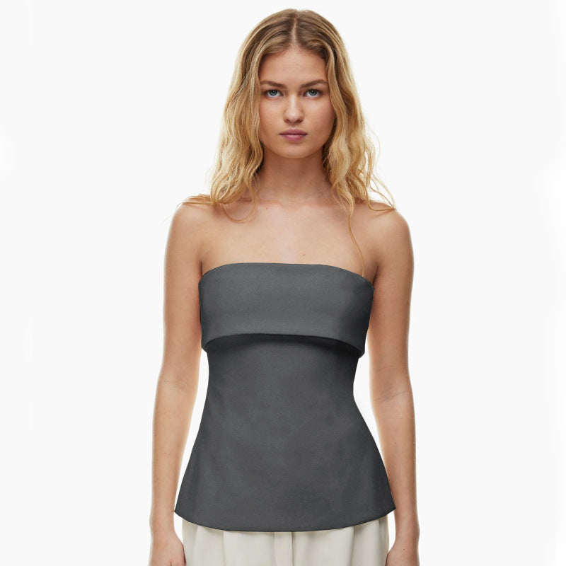 qgtao going out outfits  Women's Summer New Solid Color Sleeveless Backless Wide Lapel Slit Tube Top Sexy Top for Women