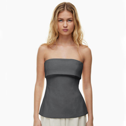qgtao going out outfits  Women's Summer New Solid Color Sleeveless Backless Wide Lapel Slit Tube Top Sexy Top for Women