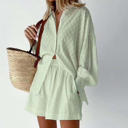 2025 popular Summer Women's  Shirts Jacquard Bubble Sleeves Temperament Tops Shorts Commuter Design Casual Suit