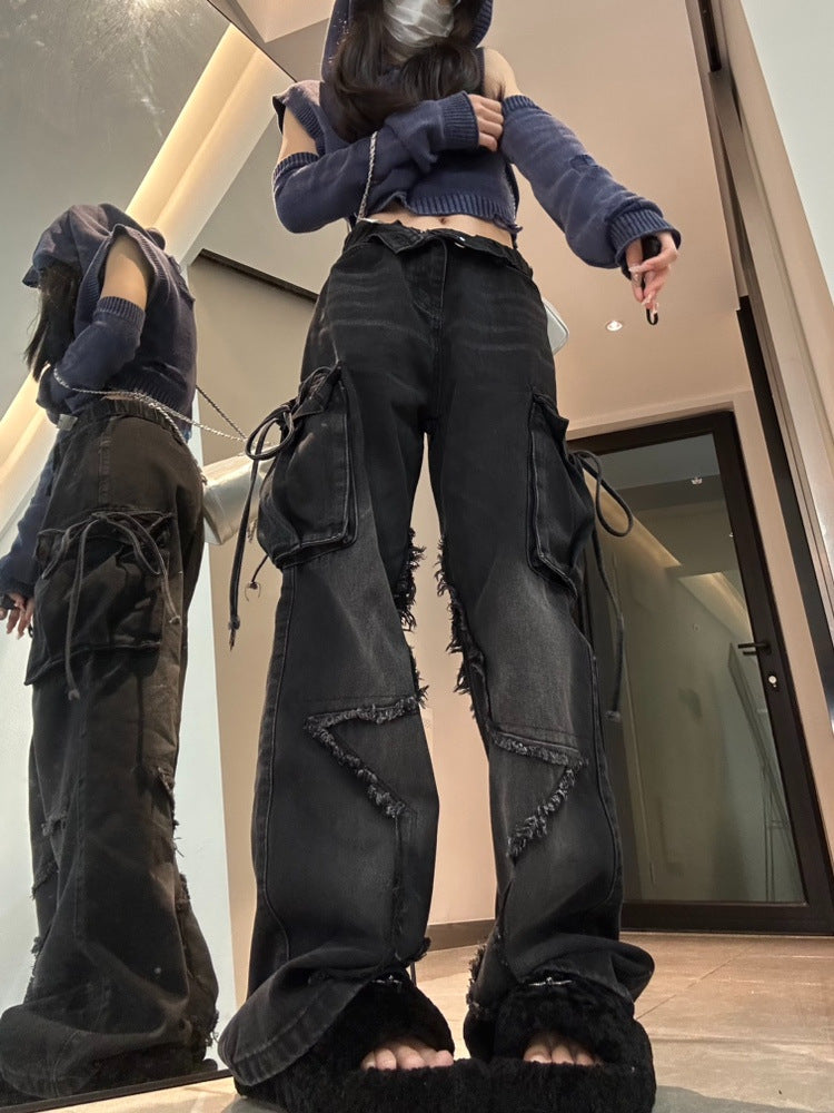 qgtao Y2k Trashy 2000s Blue Cargo Jeans Baggy Vintage 90s Aesthetic High Waist Cowboy Pants