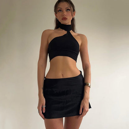 2025  style neck top short skirt set women's  autumn hot-selling new sexy backless slit two-piece set