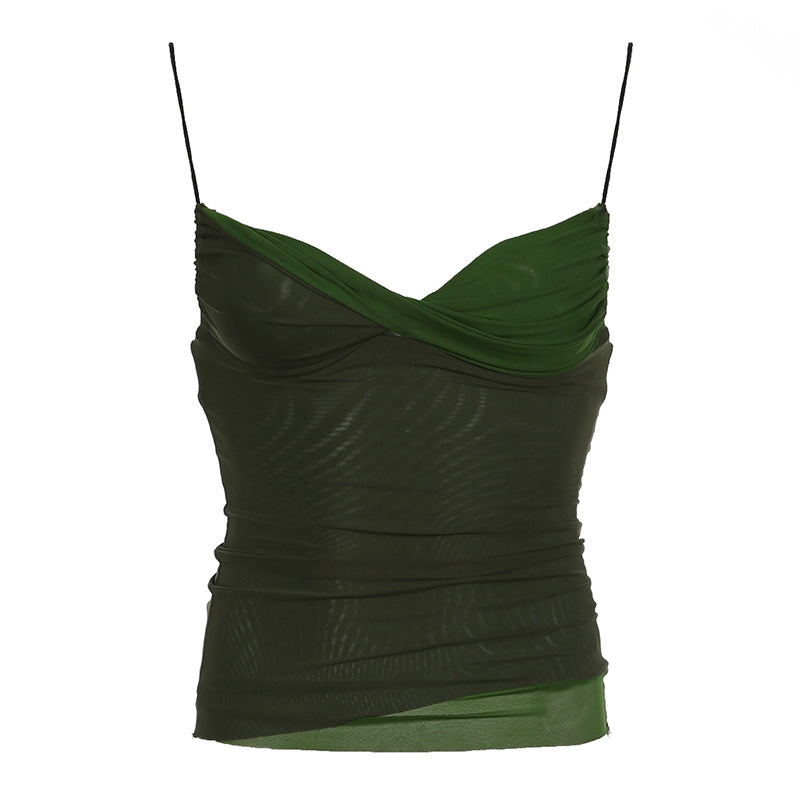 qgtao dream clothes Millennium Hot Girl Style Retro Green Mesh Stitching Camisole Ins Fresh Contrast Color V-neck Slim Top for Women