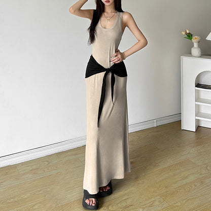 2025 style popular summer new women's clothing high-end temperament loose hip-wrapped solid color waist-sealed dress