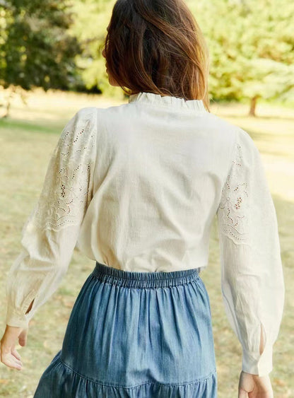 2025 literary shirt popular new hollow daisy embroidered cotton lace collar bubble sleeve shirt women 31514