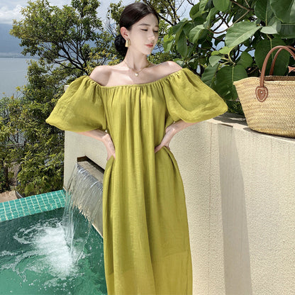 2025 One-word shoulder tube top dress women's summer coffee break  bubble sleeves loose and thin seaside vacation fairy long dress