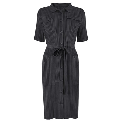 Large size dress 2025 spring new clothing slim high waist solid color pleated lapel medium and long wholesale women's clothing