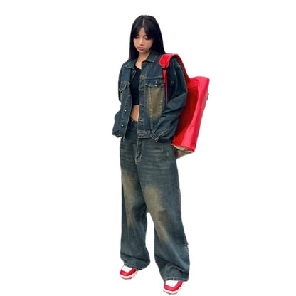 qgtao y2k Spring and Autumn New Jeans Women's American Retro Loose Wide-Leg Pants Denim Casual Fashion Trousers