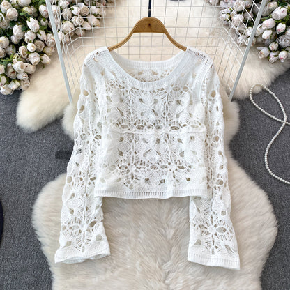 qgtao outfit inspo Long Sleeve Round Neck Hollow-out Crocheted Sweet Sweater Korean Style round Neck Fashion Casual Seaside Vacation Long Sleeve Top for Women