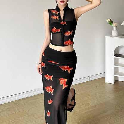 qgtao dti outfits 2024 Style Summer New Women's Solid Color Slim Sleeveless Top Fashion Low Waist Skirt Suit