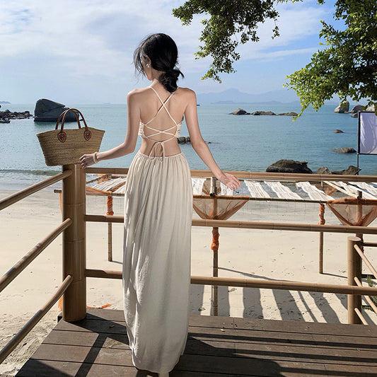 2025 Thai holiday style neck strap halter sexy suspender dress pure desire temperament advanced sense hollow long dress summer