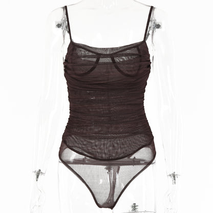 2025  style INS summer new onesie women's solid color fashionable and sexy suspender backless double-layer mesh bottoming shirt