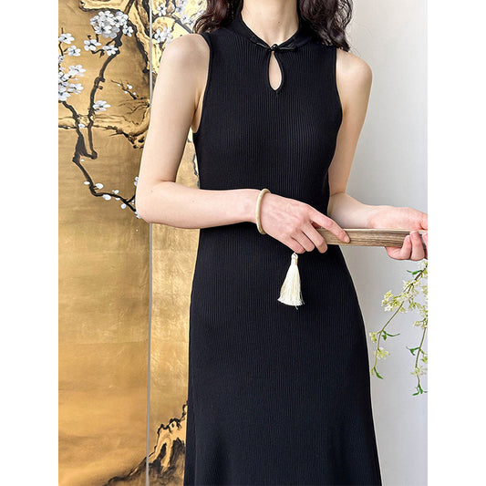 2025 popular spring and summer new Chinese retro buckle knitted dress female slim and thin long dress 511-1