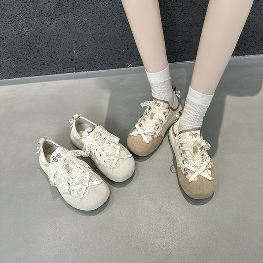 2025 Little white shoes women's popular new summer leather breathable mesh muffin casual shoes show small platform shoes