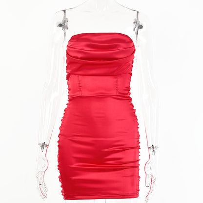 2025  New women's clothing  spring and autumn new sexy backless pleated chest-wrapped high elastic satin hip-wrapped dress dress