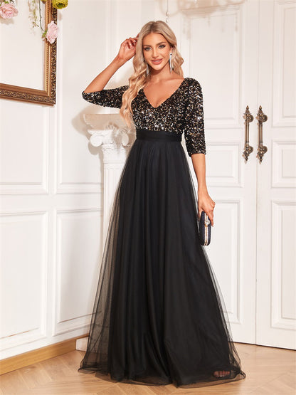 2025new  V-neck short-sleeved sequined tulle A-word landing elegant dance evening dress fashion party dress