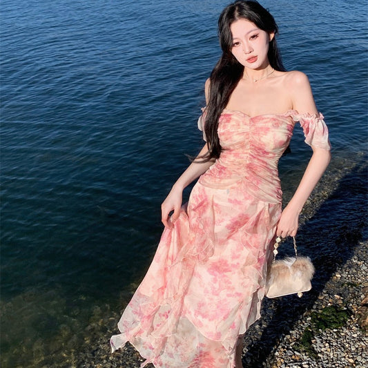 2025 sexy pure desire temperament one-word shoulder suspender floral vacation dress female superfairy lotus leaf edge chiffon skirt