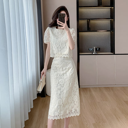 Hollow short-sleeved shirt women's skirt two-piece set 2025 summer new thin design small set