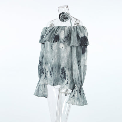 2025 Spring and summer fashion national style flower casual printing crepe one-word collar shirt  lace-up loose horn sleeve top