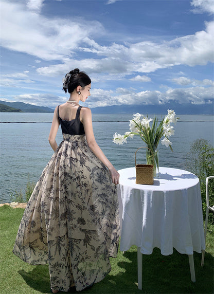 2025 New Chinese style suspender dress women's  retro ink floral splicing seaside vacation long dress beach dress