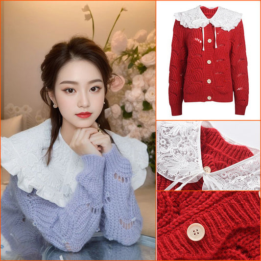 Autumn and winter short mohair sweater cardigan women's fashion design sense niche Korean version doll collar knitted coat