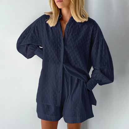 2025 popular Summer Women's  Shirts Jacquard Bubble Sleeves Temperament Tops Shorts Commuter Design Casual Suit
