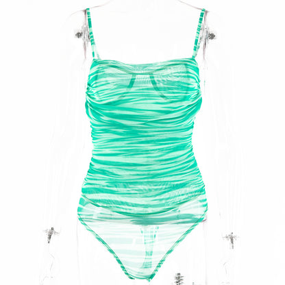 2025  style INS summer new onesie women's solid color fashionable and sexy suspender backless double-layer mesh bottoming shirt