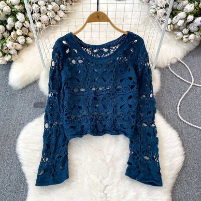 qgtao outfit inspo Long Sleeve Round Neck Hollow-out Crocheted Sweet Sweater Korean Style round Neck Fashion Casual Seaside Vacation Long Sleeve Top for Women