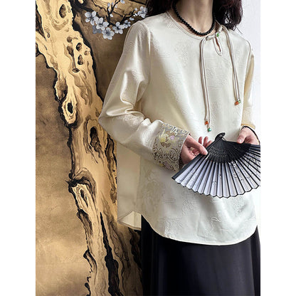 2025 , new Chinese shirt, retro national style buckle hollow satin jacquard top popular early spring new 99807