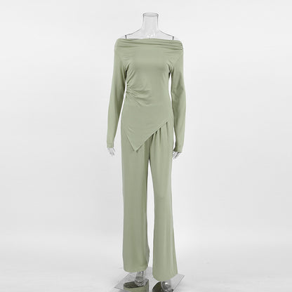 2025 Autumn and winter high-end gray knitted fashion temperament one-word collar long-sleeved high-waisted wide-legged pants commuter casual suit