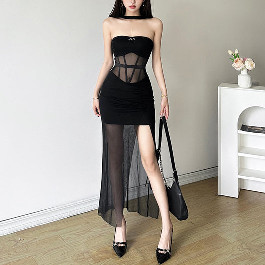 2025 style popular summer new women's clothing temperament wear black mesh splicing tight mesh dress