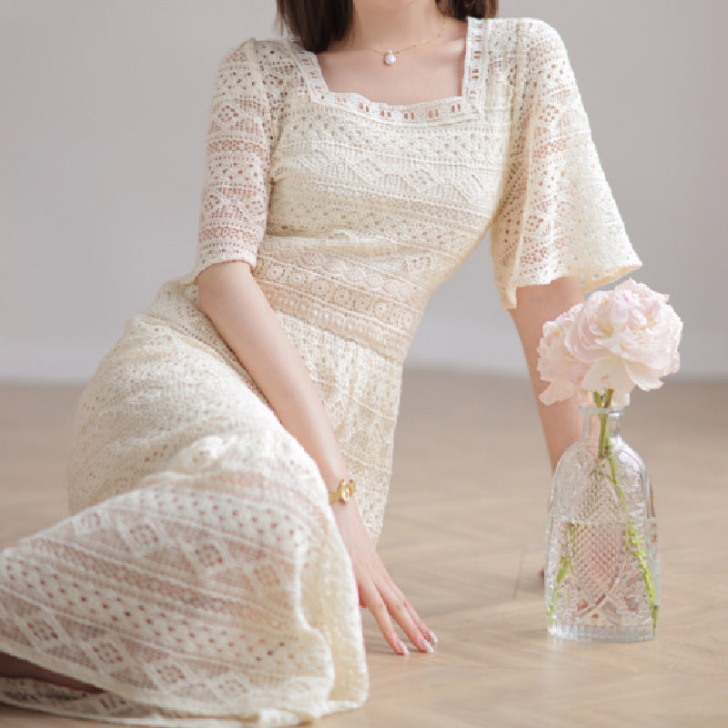 Popularan Station 2025 Spring New Sanya Seaside Holiday Long Dress Super Immortal Temperament Waist White Lace Dress