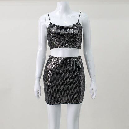 qgtao dti outfits Women's Super Shiny Sequined Tube Top Strap Hot Girl Suit Skirt Navel Sexy Two-Piece Suit