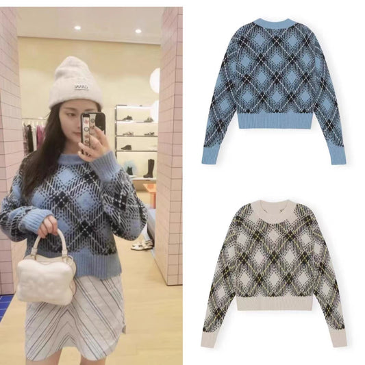 2025 GA Nordic women's clothing manufacturer autumn and winter women's sweater plaid profile round neck wool blended knitted pullover sweater women