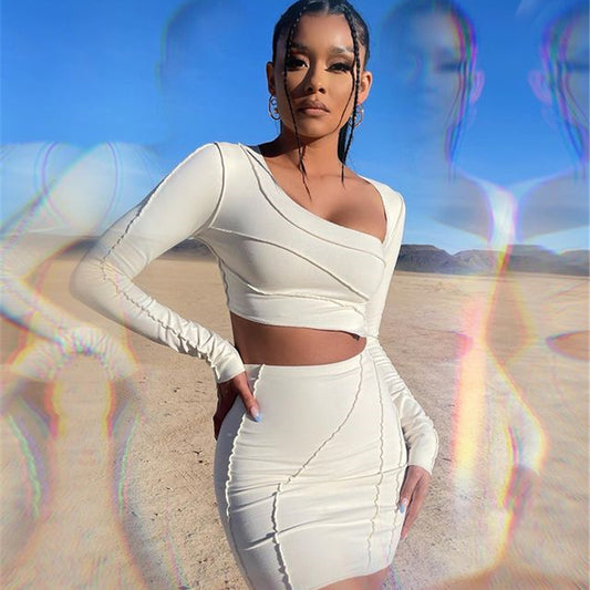2025  women's clothing  summer new suit sexy tight fashion high waist skirt long sleeve T-shirt striped skirt