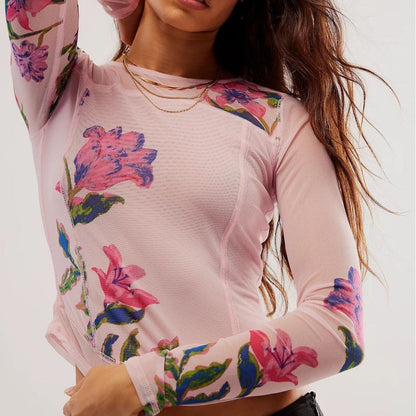 qgtao barn jacket outfits 2024 New Hot-Selling Mesh Double-Layer Spring and Summer Digital Printing Flower Hot-Selling Slim-Fit Long-Sleeved T-shirt for Women