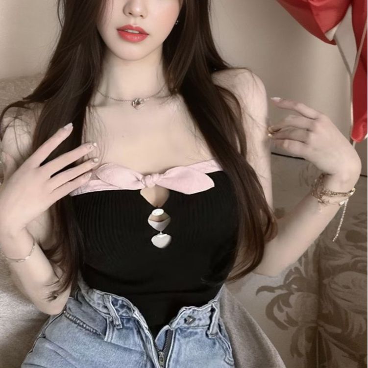 Sweet and spicy style sexy bottom knitted top for women's  spring and summer new bow stacked with sling vest for women