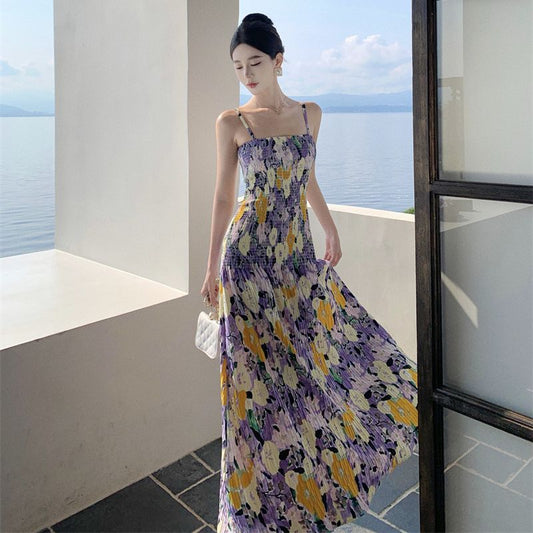 2025 Travel photo nice skirt summer romantic bohemian oil painting smudge atmosphere  vacation suspender skirt