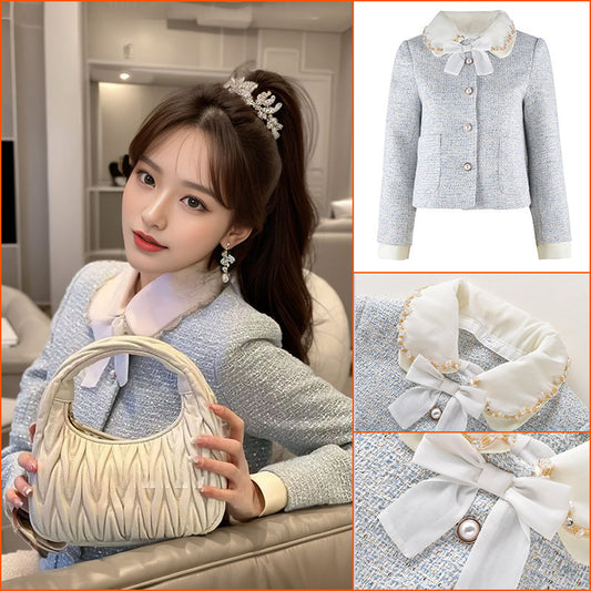 celebrity style milk blue fashion temperament small small man looking thin A word skirt autumn and winter J8009