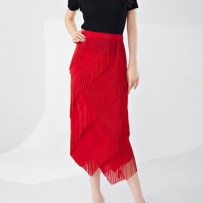 fringed skirt spring and summer high sense irregular medium and long temperament versatile straight hip skirt Popular style