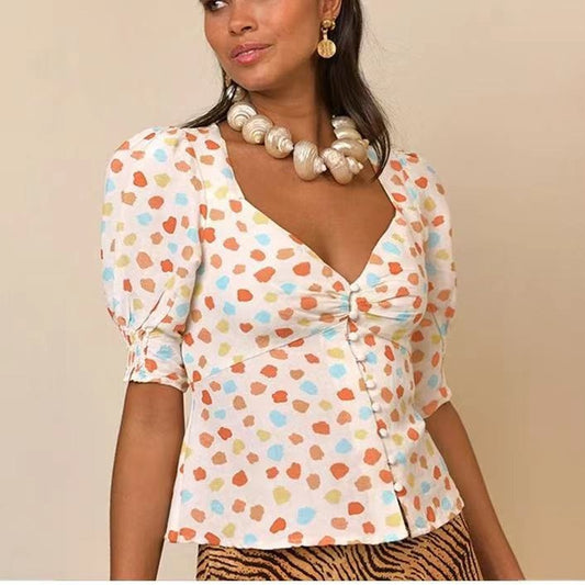 2025 RIpopular Spring and Summer New Linen Polka Dot Printed Peach Heart Low Neck V-Neck Bubble Sleeve Shirt Classic Shirt 31408