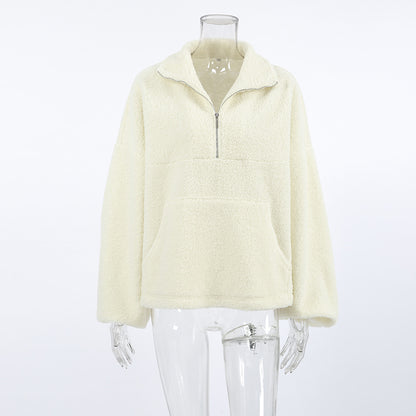 2025 Autumn and winter personalized fashion beige knitted casual lamb wool small stand-up collar lantern sleeve New plush loose sweater women