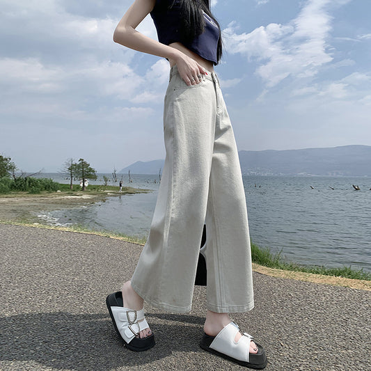 2025 Sand white jeans women's new high-waisted and thin loose-legged small nine-point banana pants in the summer of popular