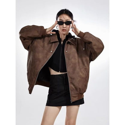 qgtao concert outfit ideas Men's American-Style Retro Lapel Leather Jacket Men's Spring and Autumn Versatile Loose Distressed Couple Tooling PU Leather Jacket